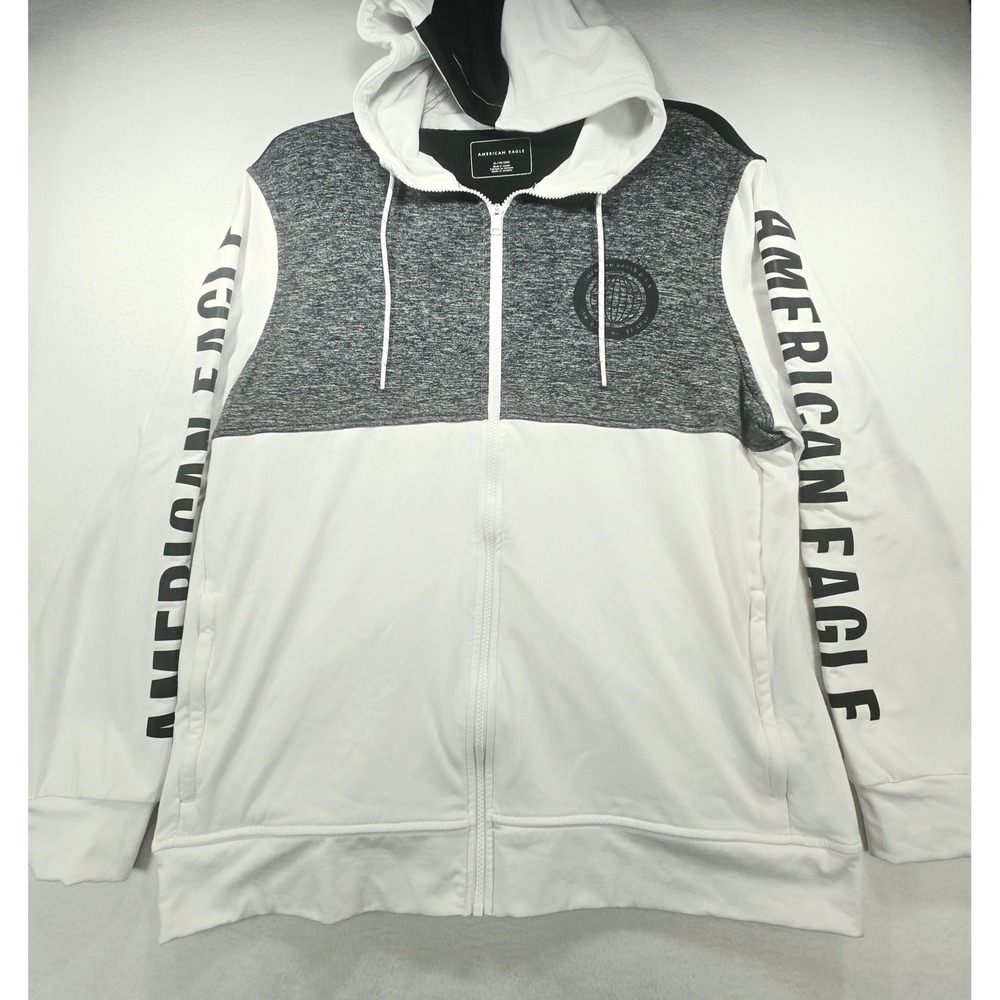 American Eagle Mens Full Zip Hoodie XL Colorblock White Gray Black Graphic Logo